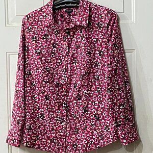 Talbots No Iron Womens Sz 14p Shirt Button Up Long Sleeve Brown/Pink Abstract